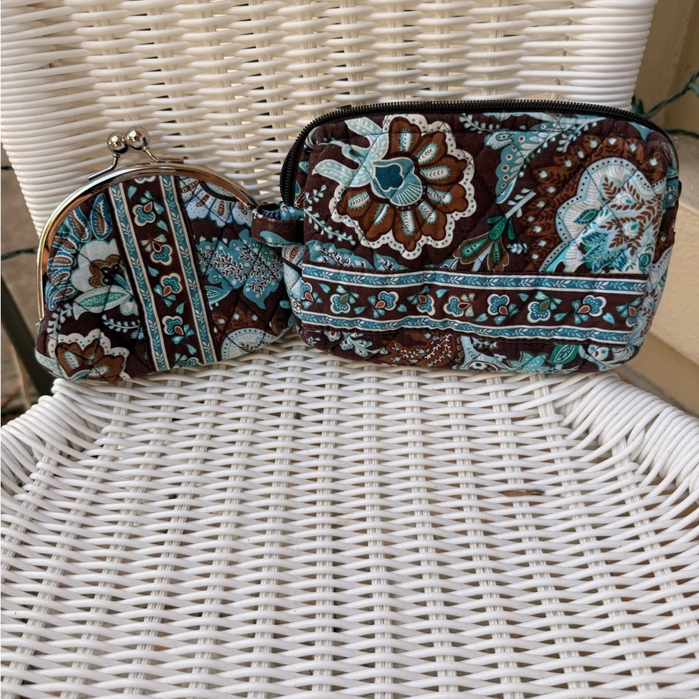 Vera Bradley Brown and Blue Floral Cosmetic Bag Set